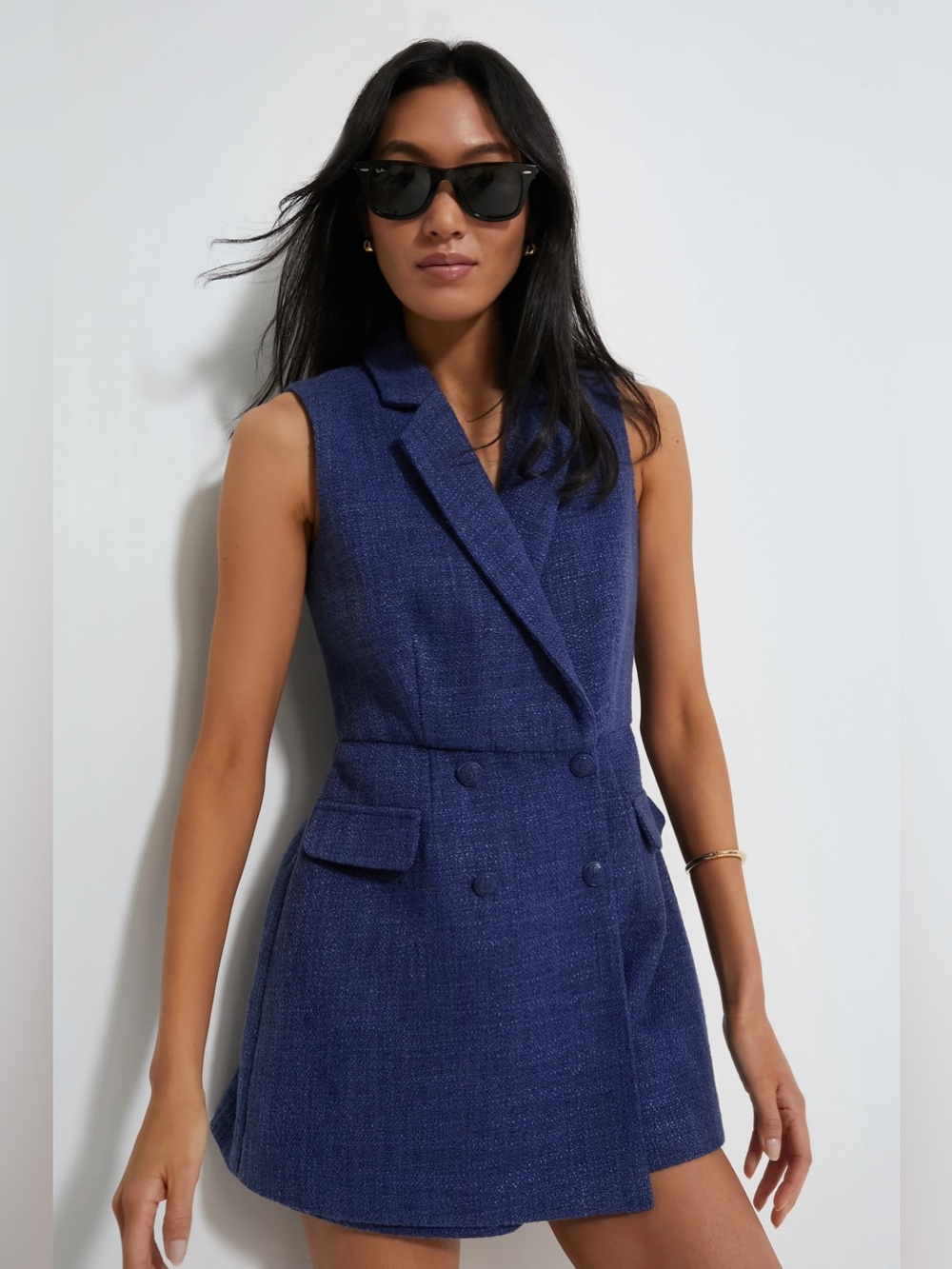 NWT Pomander Place Tuckernuck Navy Tweed Campbell Romper, Size M